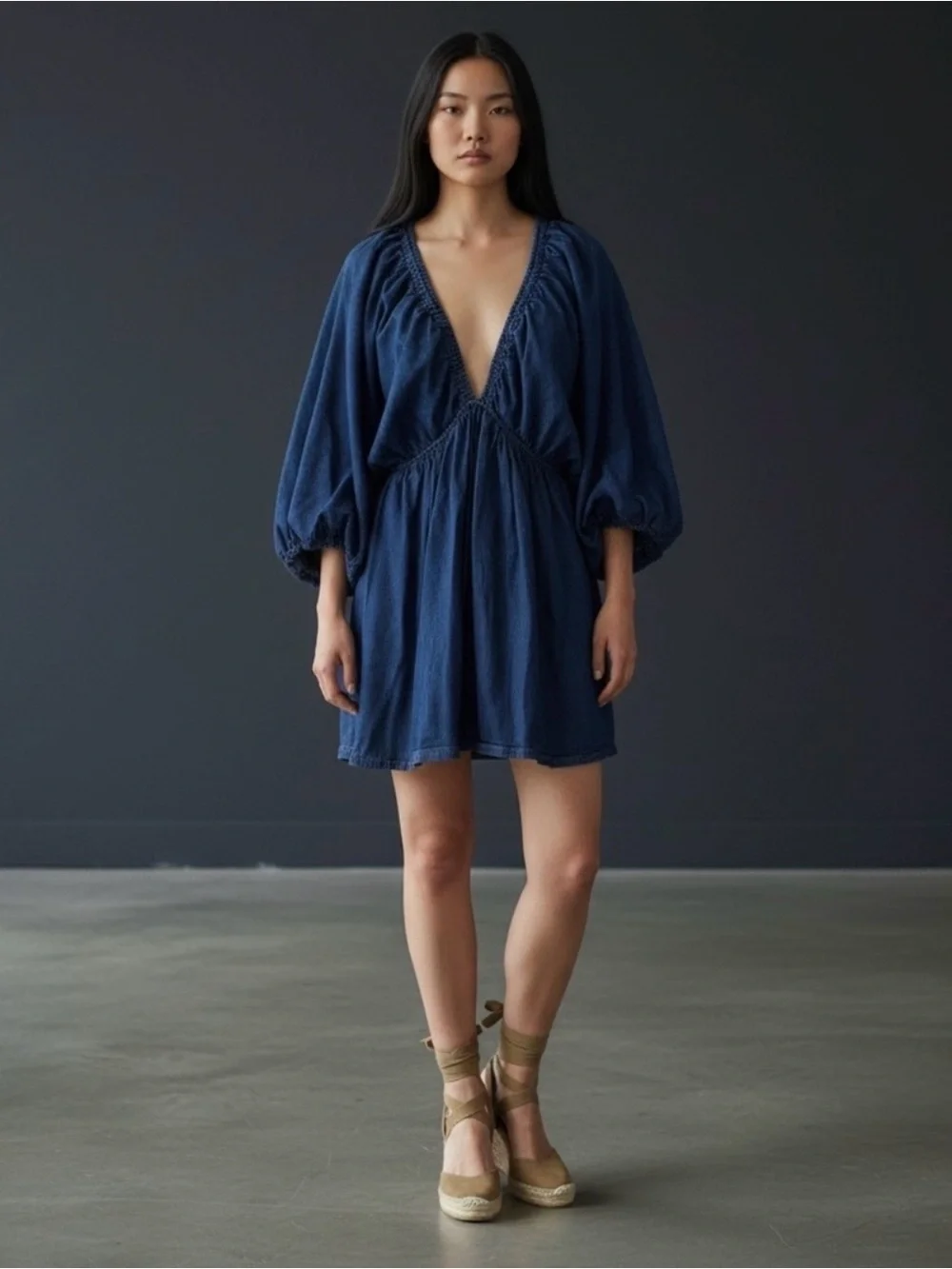 Free People Portia Demin Mini Dress Blue Summer Capsule Puff Sleeve | Medium